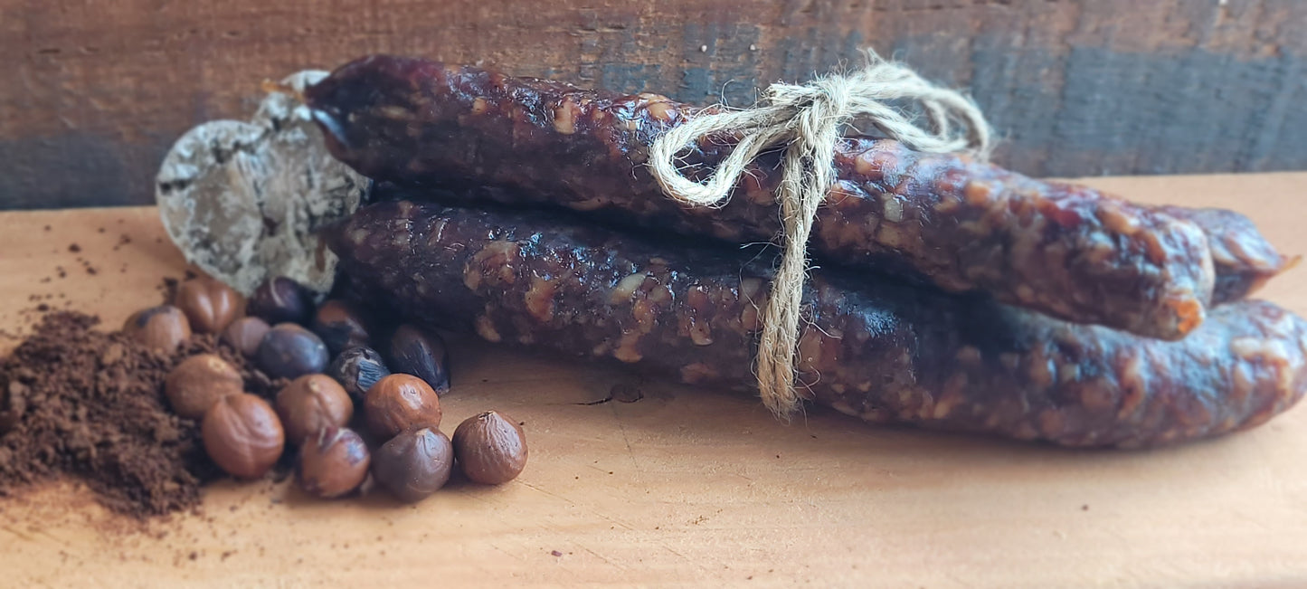 Saucisson sec à saveur de café et noisettes